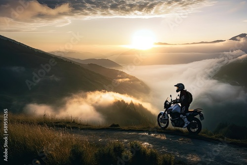 Exploring Nature's Beauty on a Mountain Ride: Man Races Motorcycle Through Cloud-Filled Valley at Sunset: Generative AI © AIGen