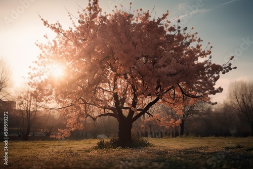 Heavenly Bliss  A Cherry Blossom Tree Bathed in Warm Spring Sunlight. Generative AI