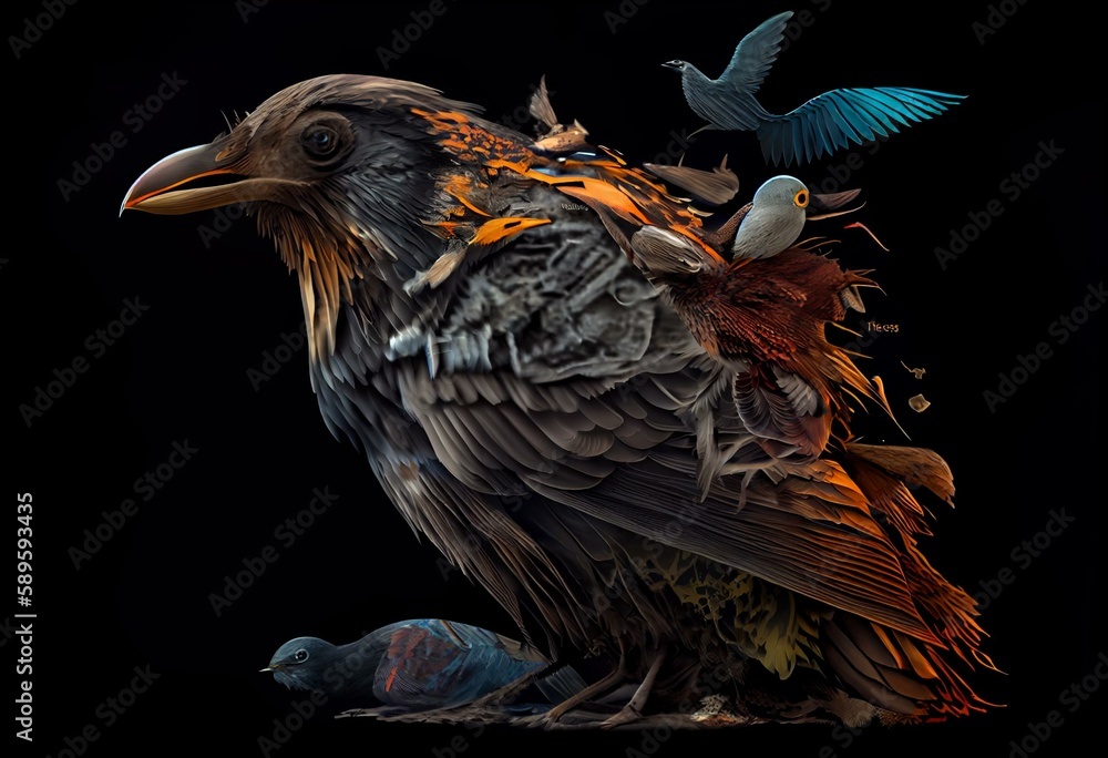 A graphic illustration of bird, dying birds and animals, climate change