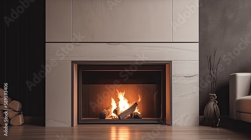 Luxury fireplace with fire and wood in the modern living room. Generative AI Technology 