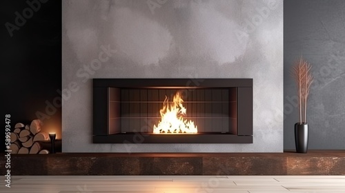 Luxury fireplace with fire and wood in the modern living room. Generative AI Technology 