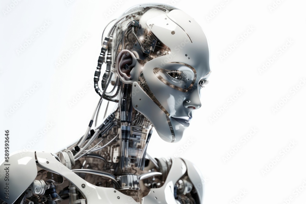 An artificially intelligent, Robot woman. 3D rendering humanoid robot isolated on white background, in the style of light silver and white, close-up intensity, Generative Ai An artificially intelligent, Robot woman. 3D rendering humanoid robot isolated on white background, in the style of light silver and white, close-up intensity, Generative Ai
