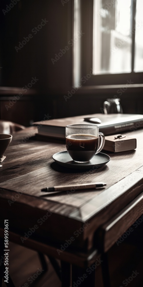 Coffee cup and book on wooden table in coffee shop, Generative Ai Coffee cup and book on wooden table in coffee shop, Generative Ai