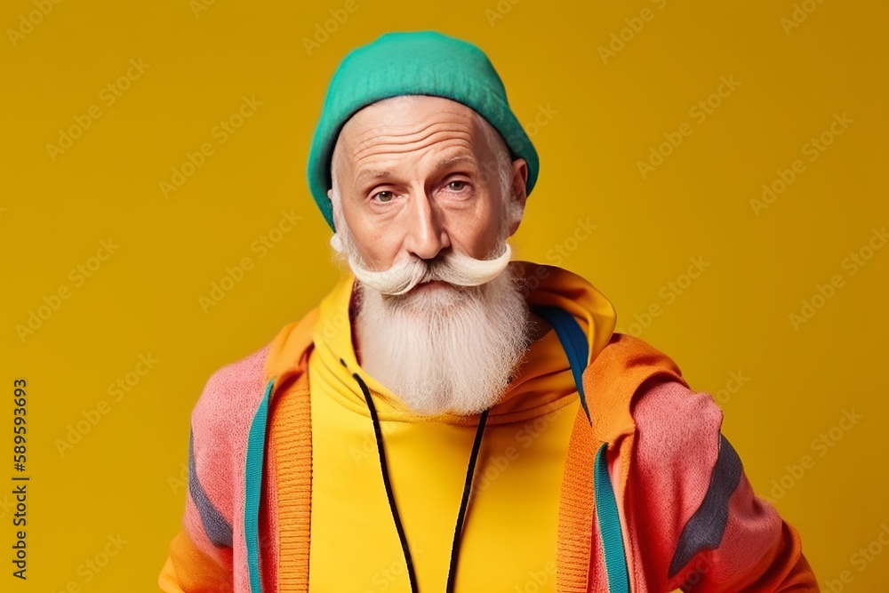 Portrait of a senior man with a long white beard and moustache wearing colourful hoodie and cap standing against yellow background, Generative Ai Portrait of a senior man with a long white beard and moustache wearing colourful hoodie and cap standing against yellow background, Generative Ai