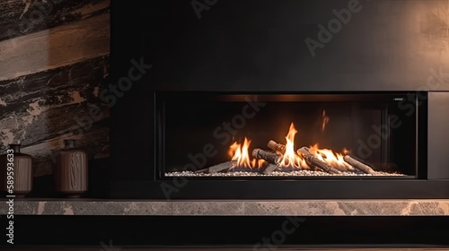 Luxury fireplace with fire and wood in the modern living room. Generative AI Technology 