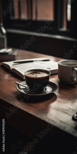 Coffee cup on the wooden table with newspaper and laptop, Generative Ai