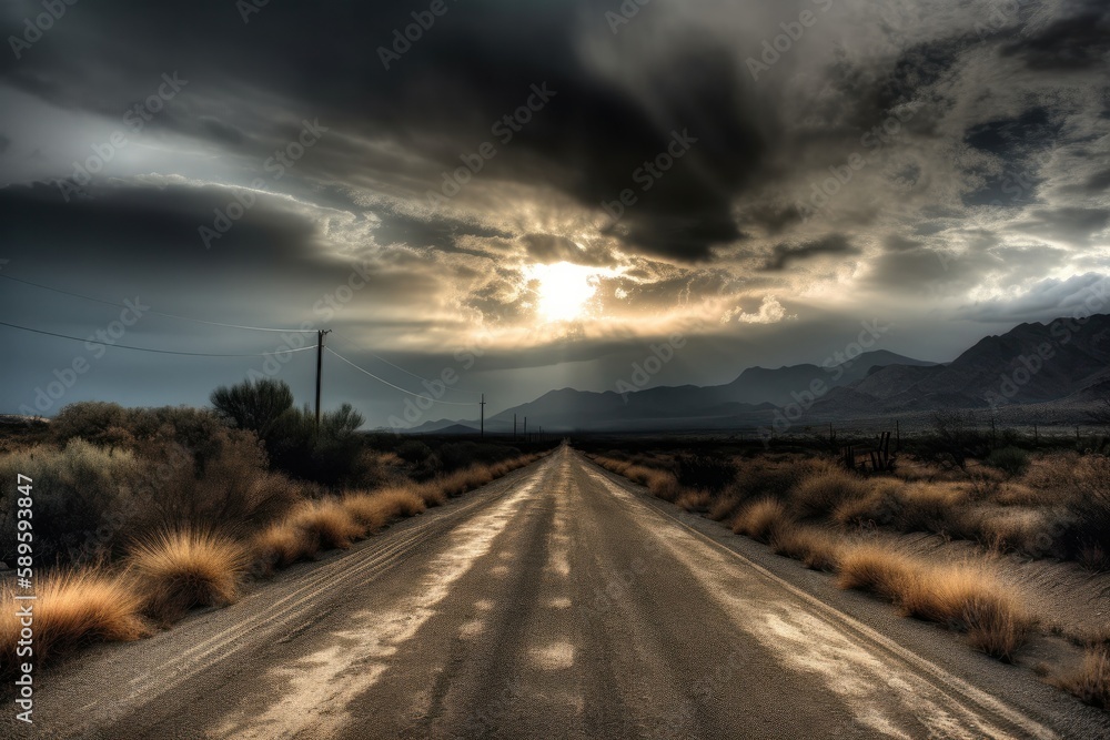 Dramatic sunset over a desert road in the Desert, Generative Ai