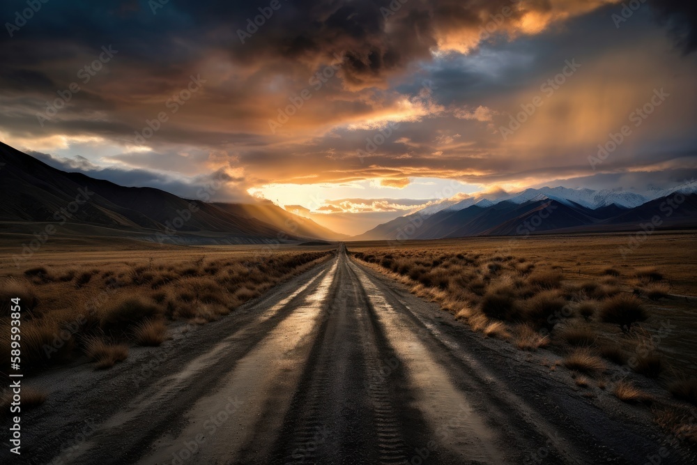 Dramatic sunset over an empty road in the Mojave Desert, Generative Ai