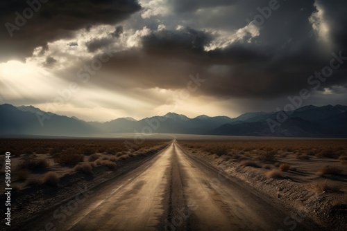 Desert Road. Dramatic sky and clouds, Generative Ai