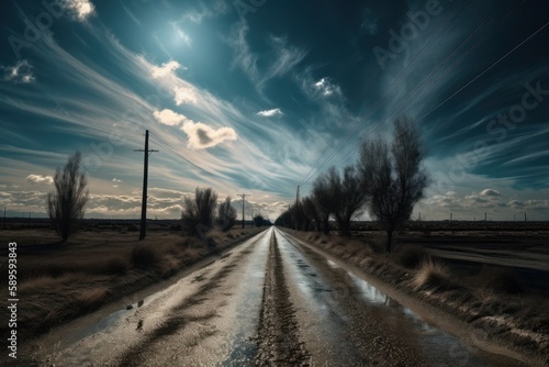 Wet road in the countryside. Dramatic sky with clouds, Generative Ai