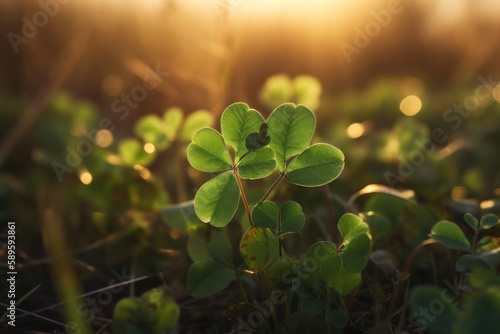 Green clover leaves in the rays of the setting sun, close-up. Shallow depth of field. Nature background, Generative Ai