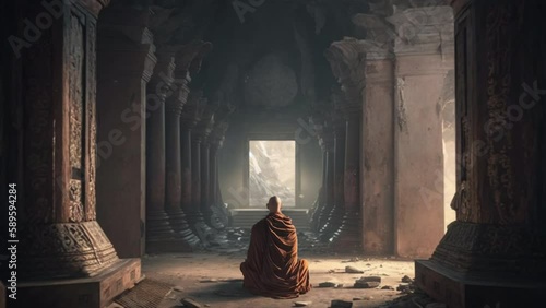 Wallpaper Mural Buddhist Monk Sitting and Meditating in a Temple Ruins Torontodigital.ca