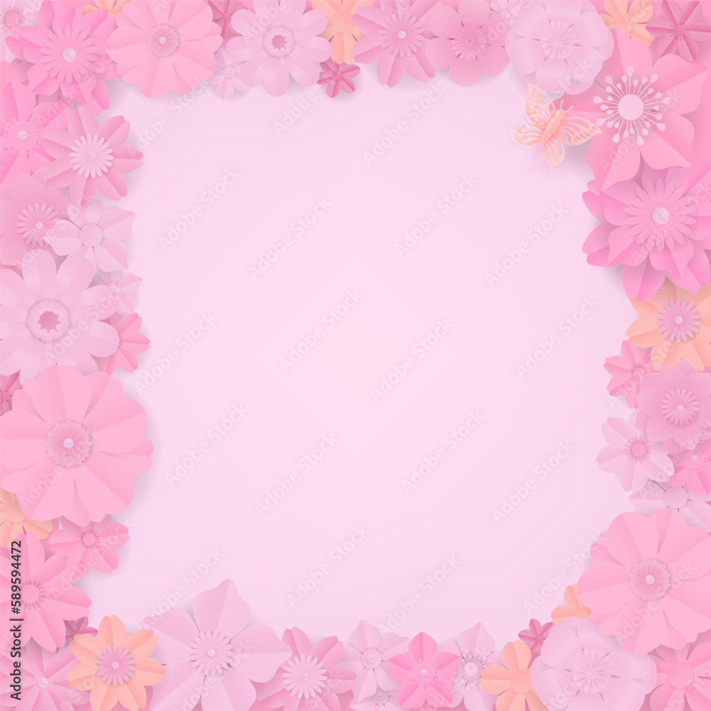 Set of pink paper flowers frame on pink background