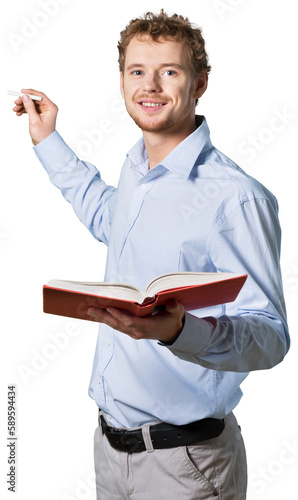 Quadro em tela young professor teaching while holding a chalk and a book