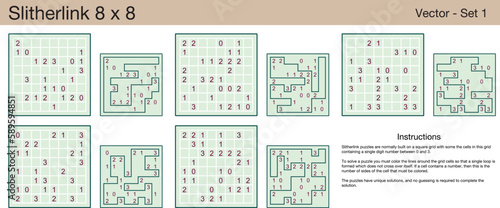 5 Slitherlink 8 x 8 Puzzles. A set of scalable puzzles for kids and adults  which are ready for web use or to be compiled into a standard or large print activity book.