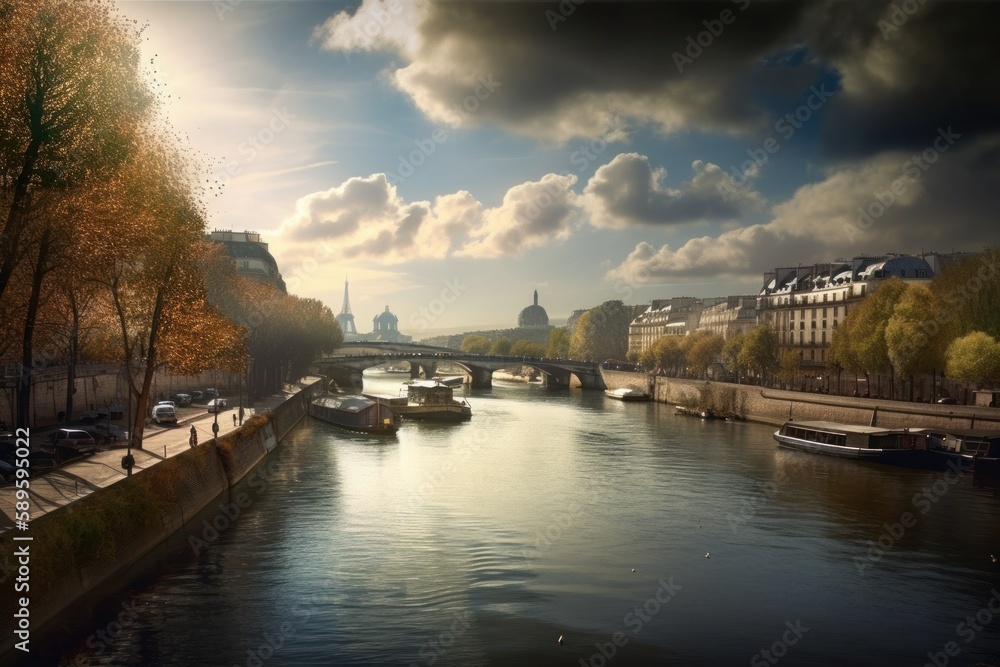 Paris, France. View of the Seine river at sunset. illustration style, Generative Ai