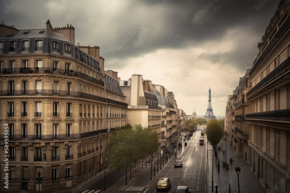 Paris street in cloudy blue sky with Eiffel tower, illustration style, Generative Ai