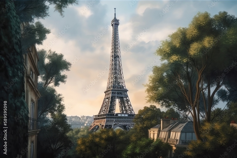The Eiffel Tower in Paris, France. Digital painting. illustration style, Generative Ai The Eiffel Tower in Paris, France. Digital painting. illustration style, Generative Ai