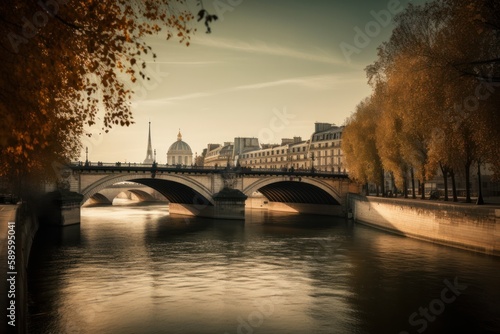 View of the Seine River in Paris, France in vintage style, Generative Ai