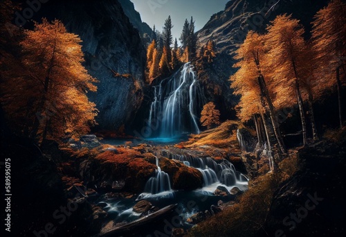 Colorful majestic waterfall in national park forest during autumn  panorama - Image. Generative AI