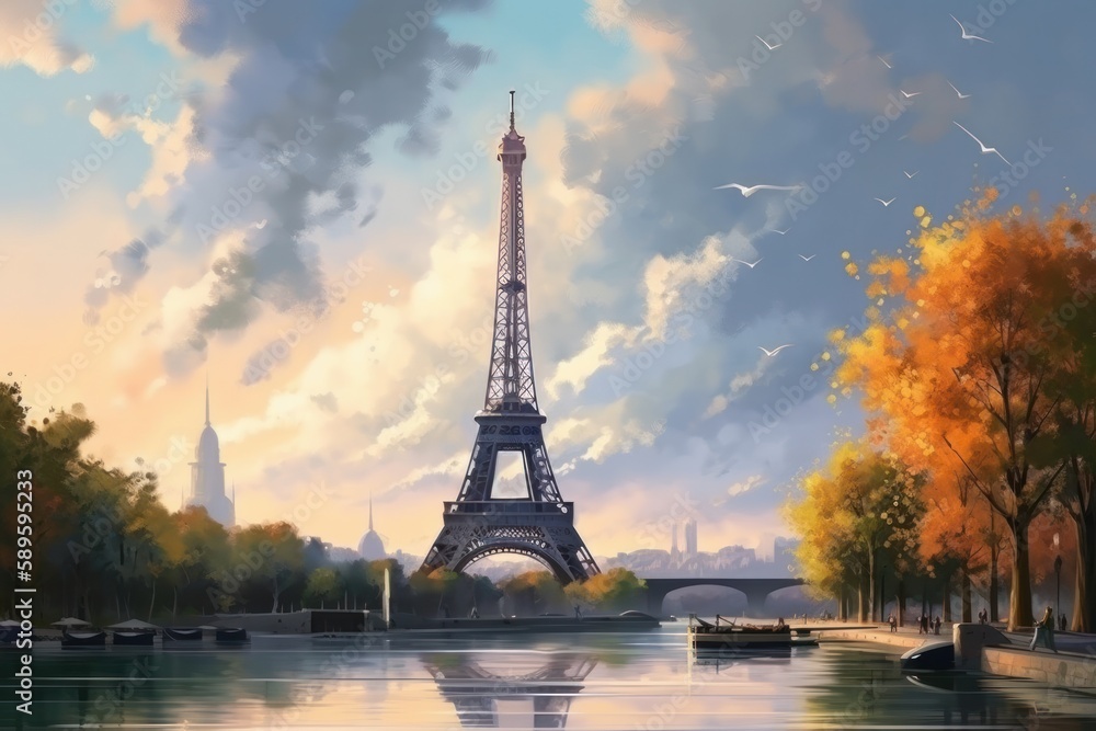 Fototapeta premium Paris, France. Eiffel Tower and Seine River in the morning, style of digital fantasy landscapes, concept art, Illustration style, Generative Ai