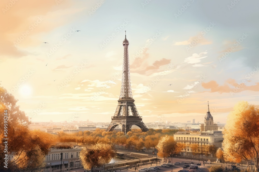 Paris cityscape with Eiffel Tower at sunset, France. Illustration style, Generative Ai