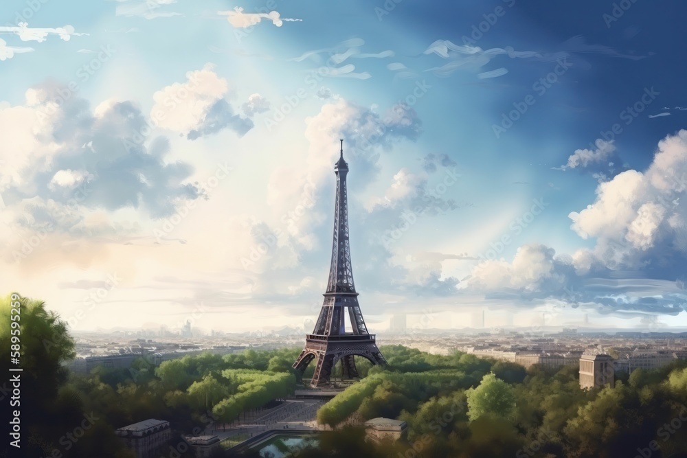 Fototapeta premium Paris, France. Eiffel Tower and Seine River in the morning, style of digital fantasy landscapes, concept art, Generative Ai