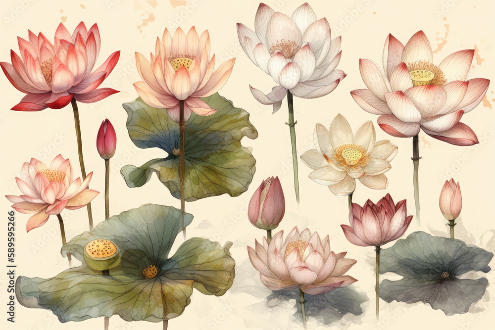 Ethereal Beauty: An Illustration Set of Lotus Flowers, generative AI