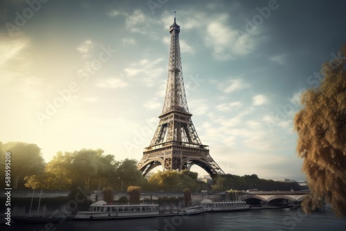 Paris, France. Eiffel Tower and Seine River in the morning, style of digital fantasy landscapes, concept art, Illustration style, Generative Ai © Angus.YW
