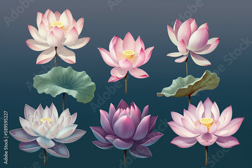 Ethereal Beauty  An Illustration Set of Lotus Flowers  generative AI