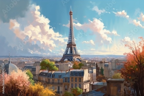 Paris  France. Eiffel Tower and Seine River in the morning  style of digital fantasy landscapes  concept art  Illustration style  Generative Ai