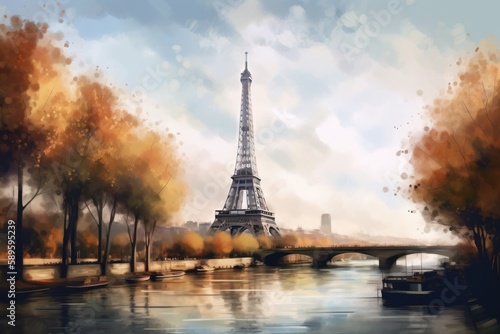 Beautiful view of the Eiffel Tower in Paris, France, Generative Ai © Angus.YW
