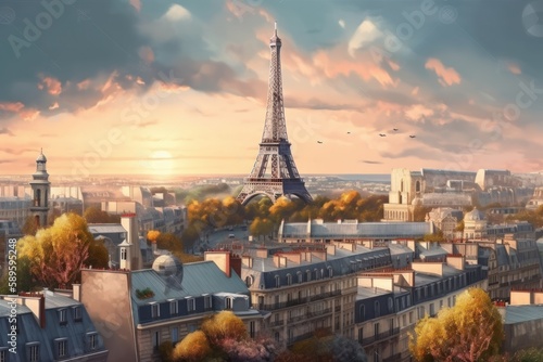 Paris cityscape with Eiffel Tower at sunset, France. Generative Ai