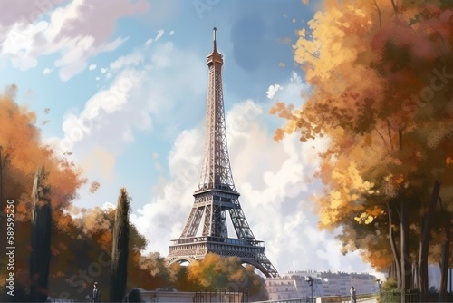 Paris, France. Eiffel Tower and Seine River in the morning, style of digital fantasy landscapes, concept art, Illustration style, Generative Ai