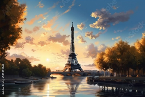 Paris cityscape with Eiffel Tower at sunset, France. Illustration style, Generative Ai © Angus.YW