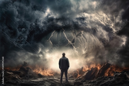 Man standing against storm in a distant cloud, in the style of biblical drama, Cinematic style, Generative Ai