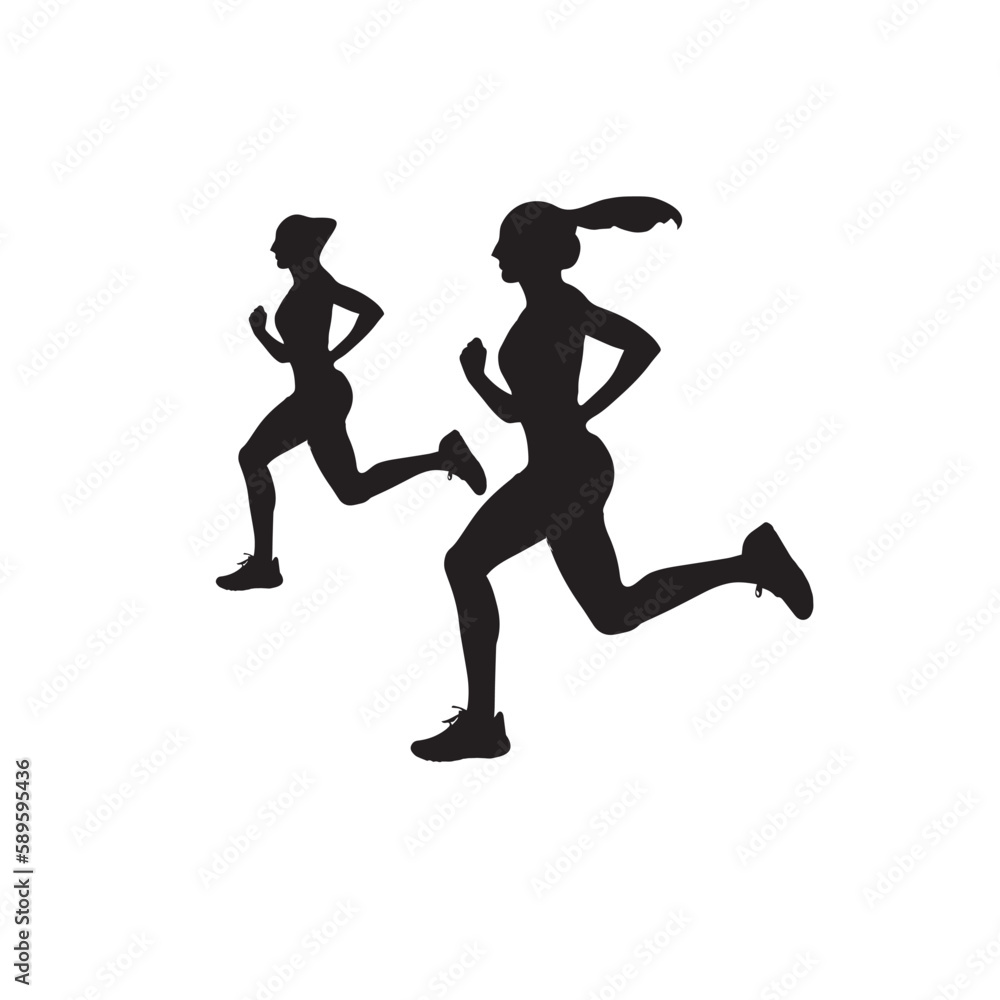  Two jogging girls silhouette illustration.