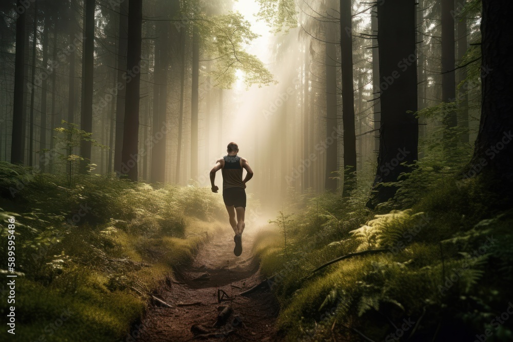 Runner athlete running at forest trail. Fitness and healthy lifestyle concept. Silhouette, Generative Ai Runner athlete running at forest trail. Fitness and healthy lifestyle concept. Silhouette, Generative Ai