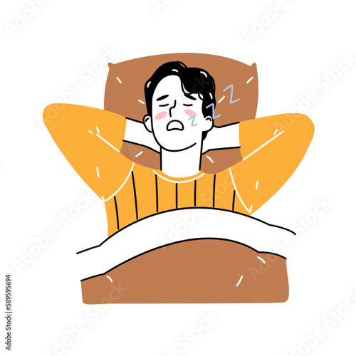Cute young man sleeping peacefully. rest or nap. concept of recharge, dream. Hand drawn style vector design illustration, outline, linear, thin line, doodle art.