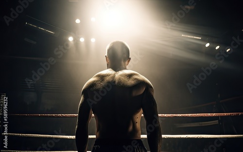 Boxing champion standing on arena. Rear view of shirtless man in boxing gloves. Muscular build concept. Generative Ai.