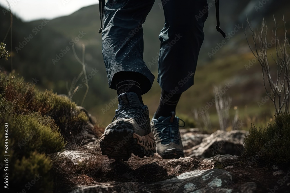Trekking boots on a mountain trail. Sport and active life concept, Generative Ai Trekking boots on a mountain trail. Sport and active life concept, Generative Ai