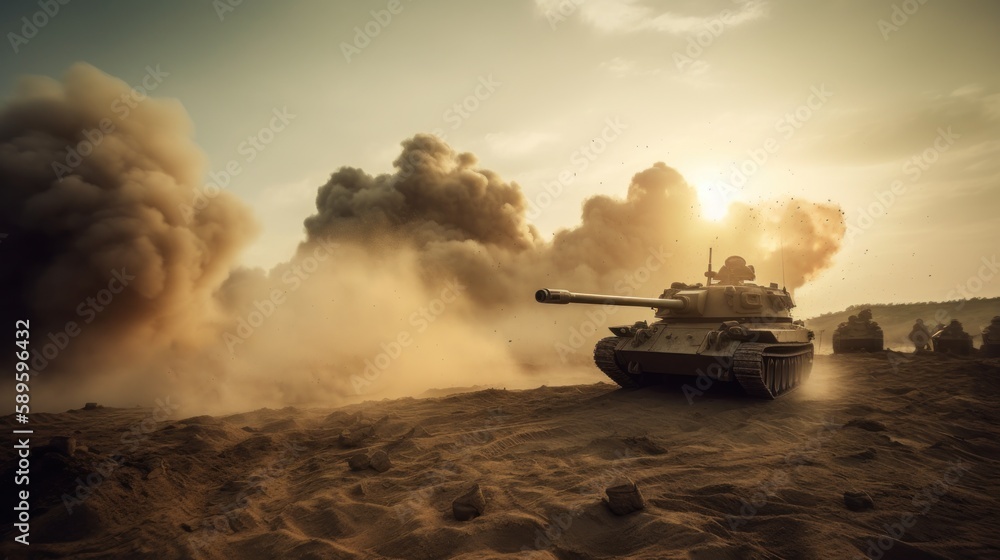 A battle tank rides surrounded by smoke from explosions in a desert area. Generative AI.