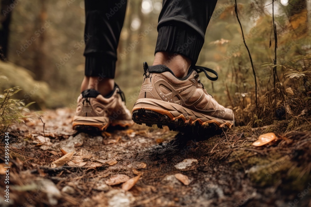 Hiking boots on a trail in the forest. Hiking concept, Generative Ai