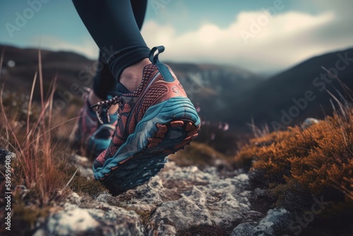 Close-up of a female hiker hiking in the mountains, Generative Ai