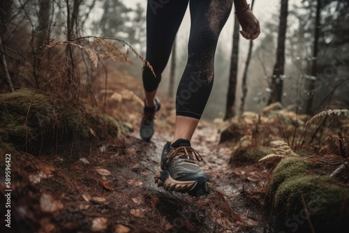 Athletic young woman trail runner running in autumn forest, Generative Ai