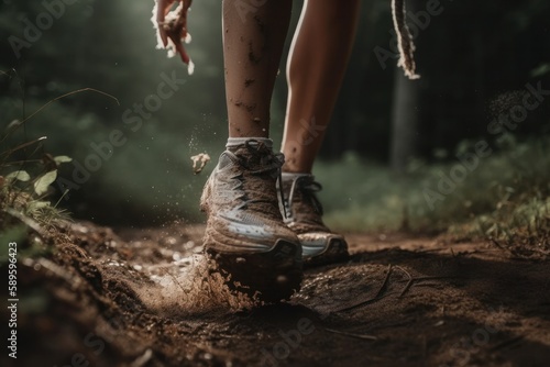 Athletic woman running on trail in forest. Fitness and healthy lifestyle concept. Close-up of a woman's legs on a dirt trail., Generative Ai