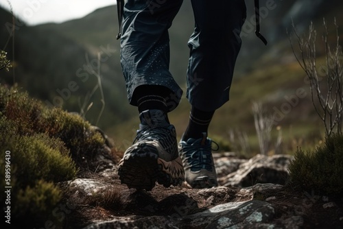 Trekking boots on a mountain trail. Sport and active life concept  Generative Ai