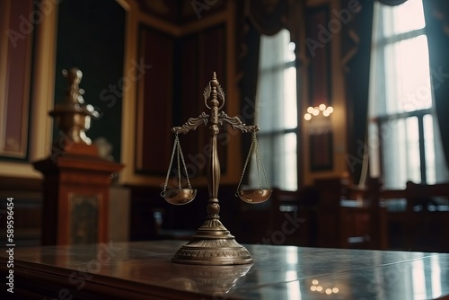 Law theme, mallet of judge, wooden desk with scales of justice, Generative Ai
