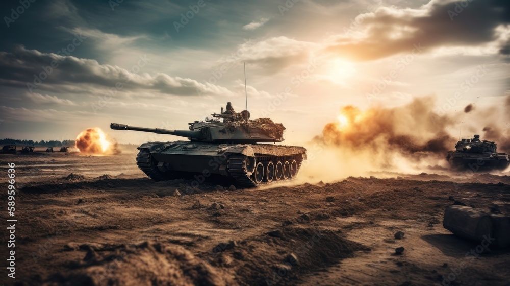 Close-up of a tank on the battlefield against the backdrop of a combat battle with smoke and fire. Generative AI. Close-up of a tank on the battlefield against the backdrop of a combat battle with smoke and fire. Generative AI.