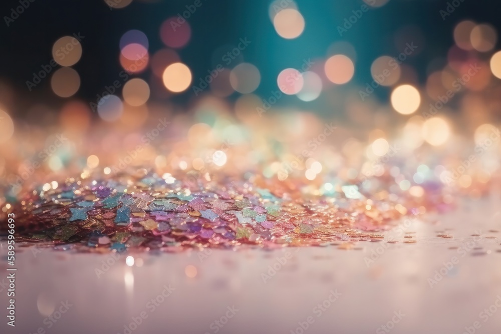 Glitter vintage lights background. Silver, blue and gold with defocused lights, Generative Ai